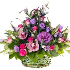Basket of purple and pink flowers