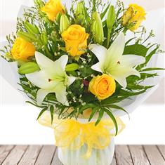Handtied Yellow Roses and White Lily 