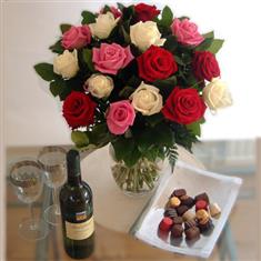 Mixed Roses, Red Wine and Chocolotes 